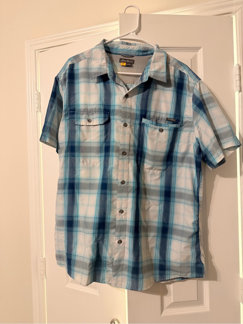 Eddie Bauer Blue & White Plaid Short-Sleeve Button-Up Shirt